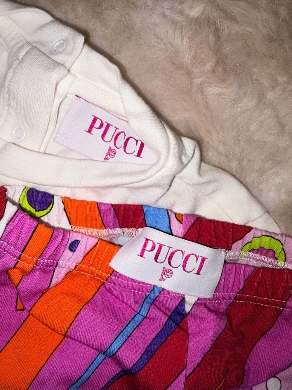 Emilio Pucci White Top with Pink, Red & Orange Swirl Leggings